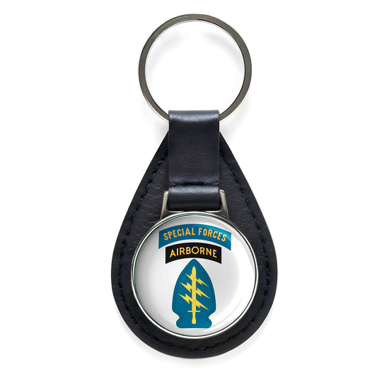 US Army Special Forces Black Leather Keychain Silver Keyring Military Gift