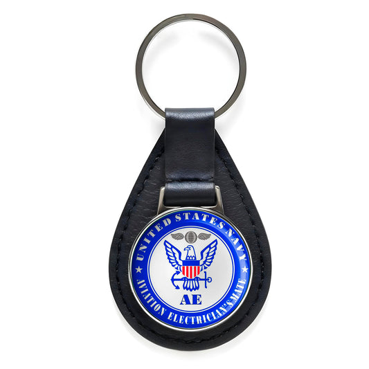 U.S. Navy Aviation Electrician's Mate Black Leather Keychain Silver Keyring