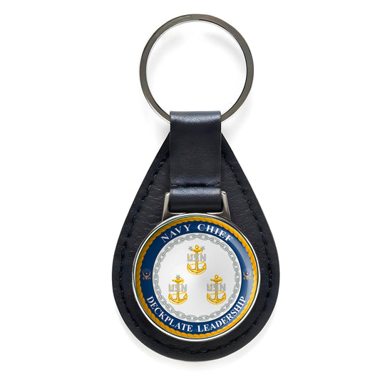 U.S. Navy Deckplate Leadership Black Leather Keychain Silver Keyring Military