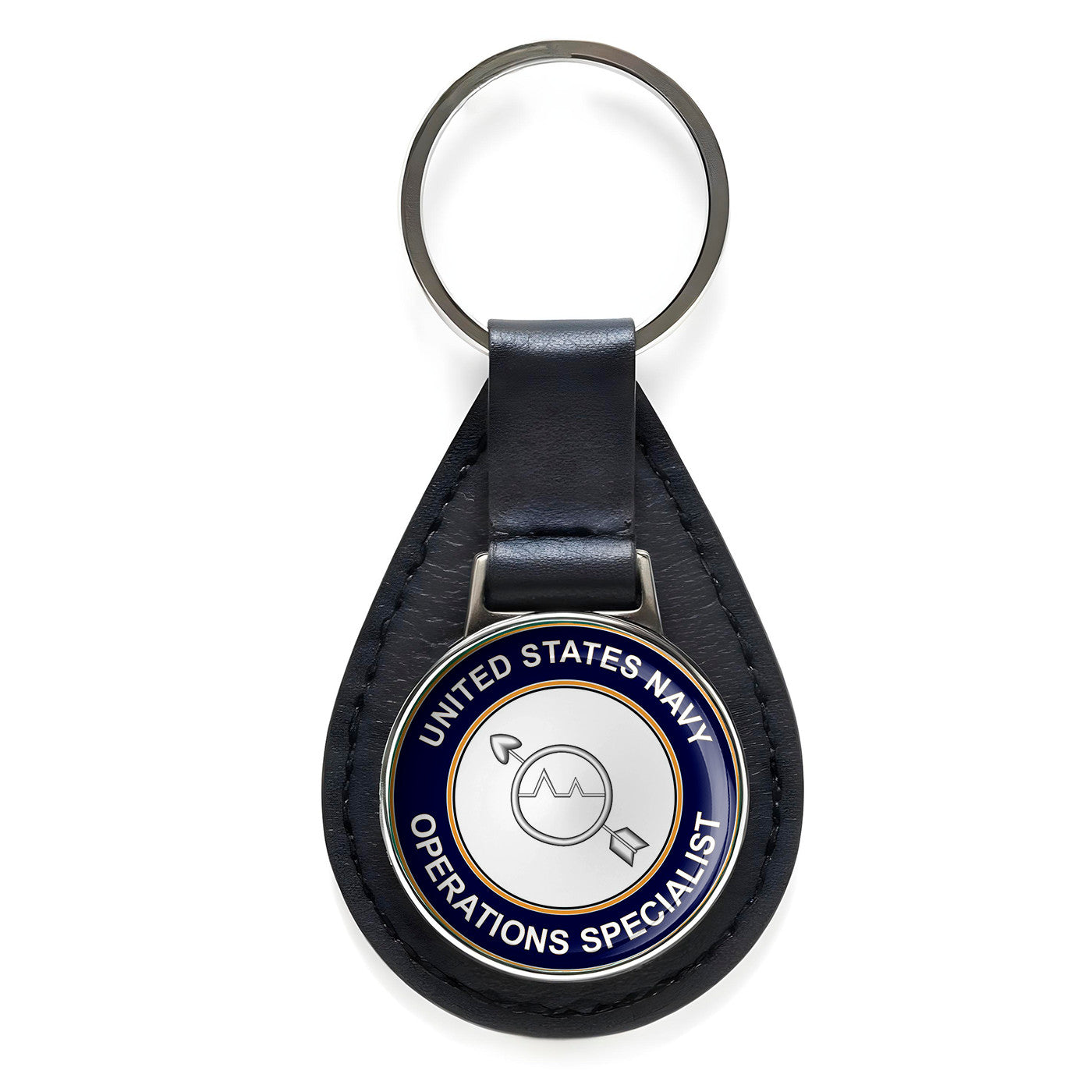 U.S. Navy Operations Specialist Black Leather Keychain Silver Keyring Military