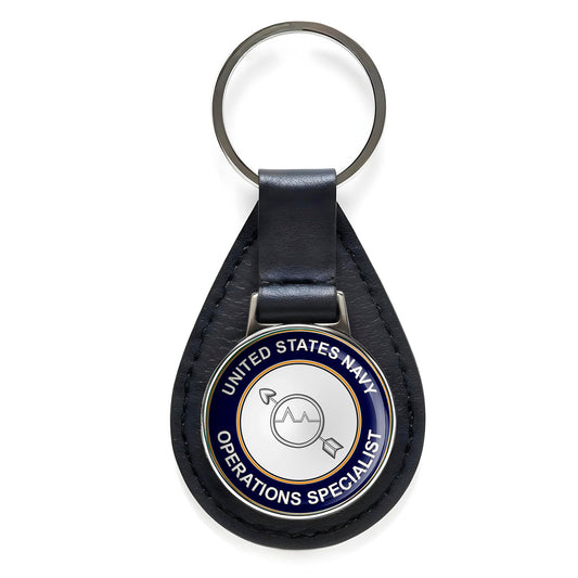 U.S. Navy Operations Specialist Black Leather Keychain Silver Keyring Military