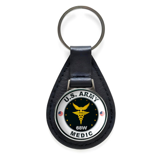 United States Army Medic Black Leather Keychain Silver Keyring Military Gift