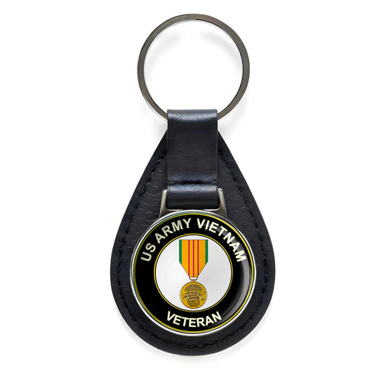 U.S. Army Vietnam Veteran Medal Black Leather Keychain Silver Keyring Military