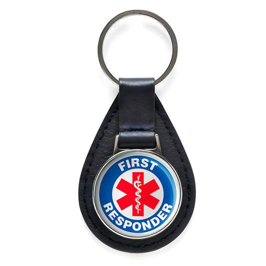 First Responder Black Leather Keychain Silver Keyring Military Gift