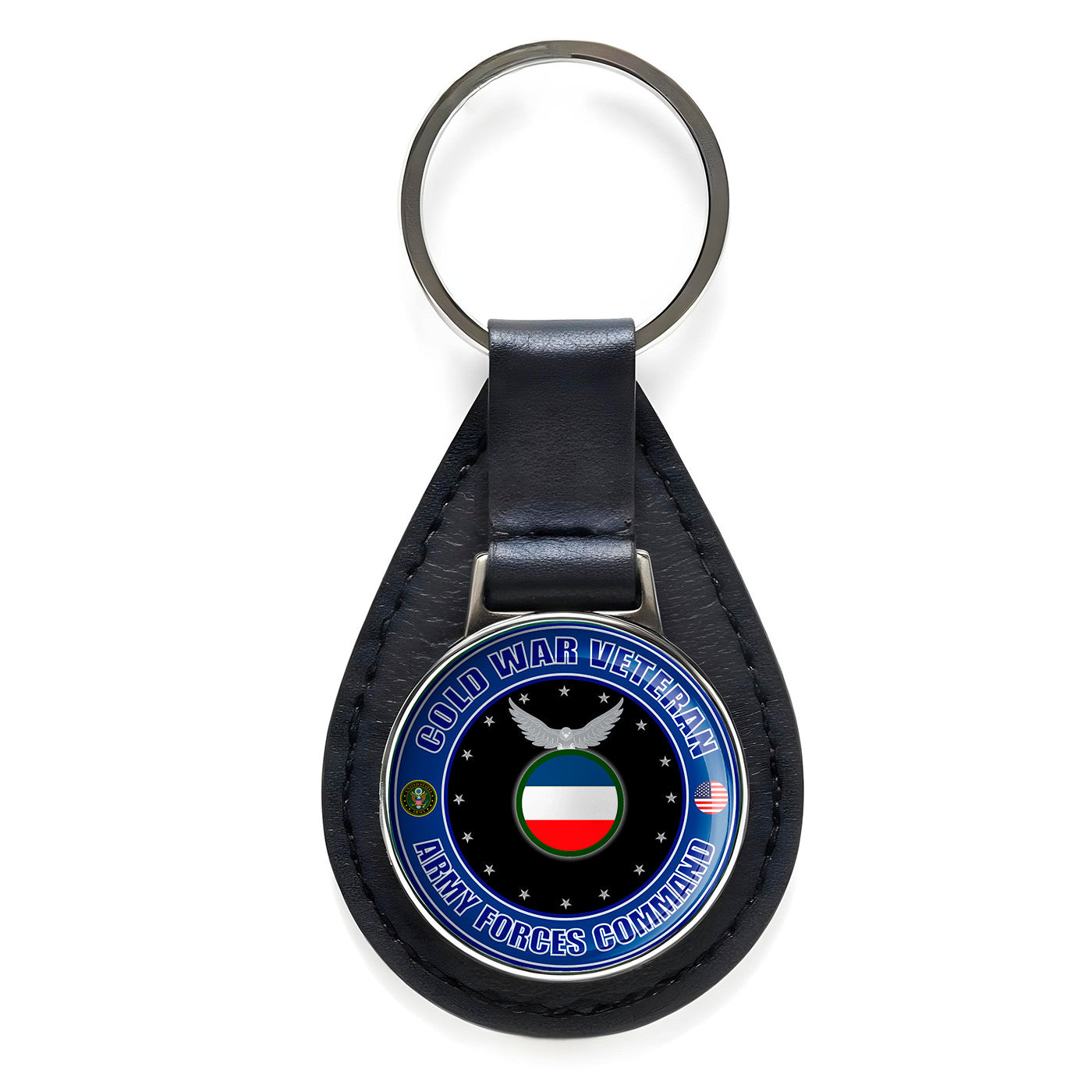 Cold War Veteran Army Forces Command Black Leather Keychain Silver Keyring