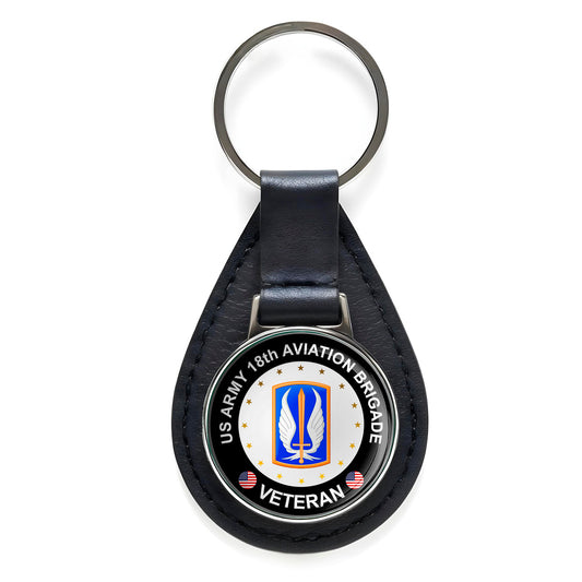 US Army 18th Aviation Brigade Veteran Black Leather Keychain Silver Keyring