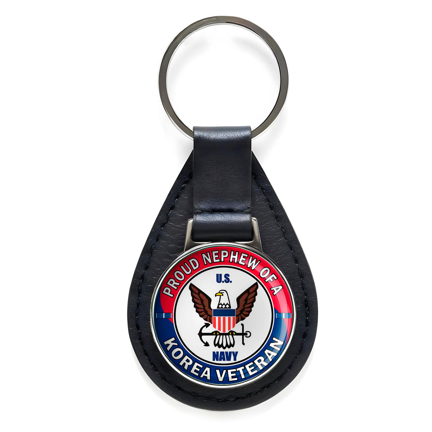 U.S. Air Force Proud Nephew of a Korea Veteran Black Leather Keychain Silver