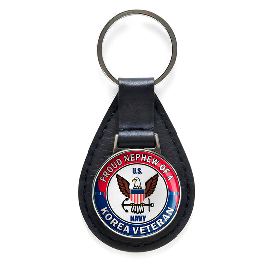 U.S. Air Force Proud Nephew of a Korea Veteran Black Leather Keychain Silver