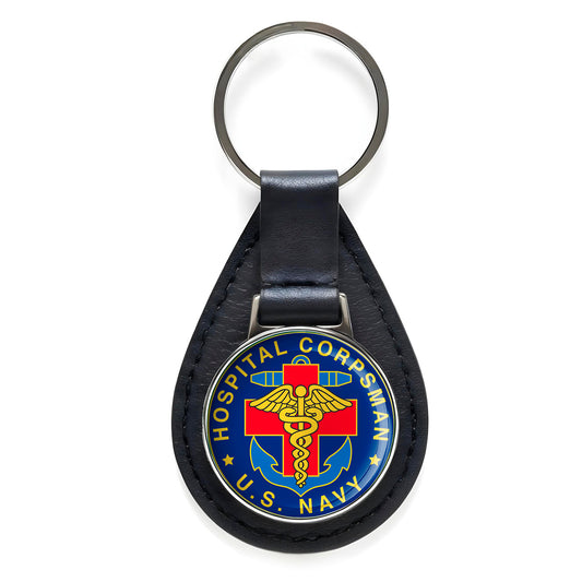 Navy Hospital Corpsman Black Leather Keychain Silver Keyring Military Gift