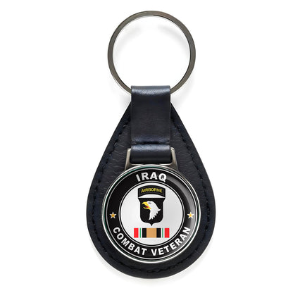 101st Airborne Division Iraq Combat Veteran Leather Keychain Silver Keyring