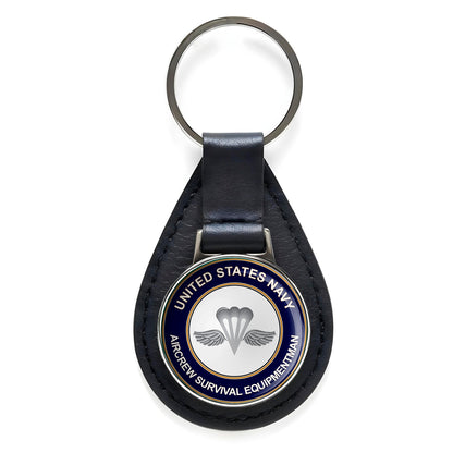 U.S. Navy Aircrew Survival Equipmentman AZ Black Leather Keychain Silver Keyring