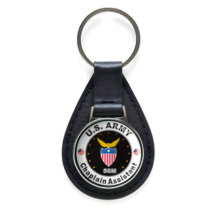 United States Army Chaplain Assistant Black Leather Keychain Silver Keyring