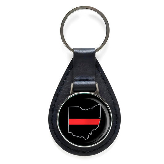 First Responder Thin Red Line Ohio Firefighter Black Leather Keychain Silver