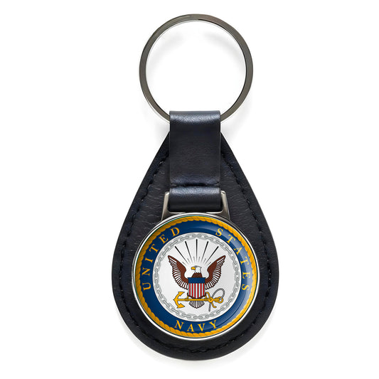 United States Navy Black Leather Keychain Silver Keyring Military Gift