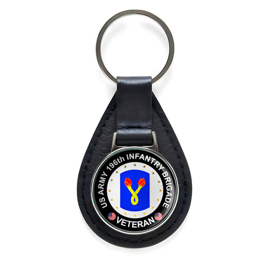 US Army 196th Infantry Brigade Veteran Black Leather Keychain Silver Keyring
