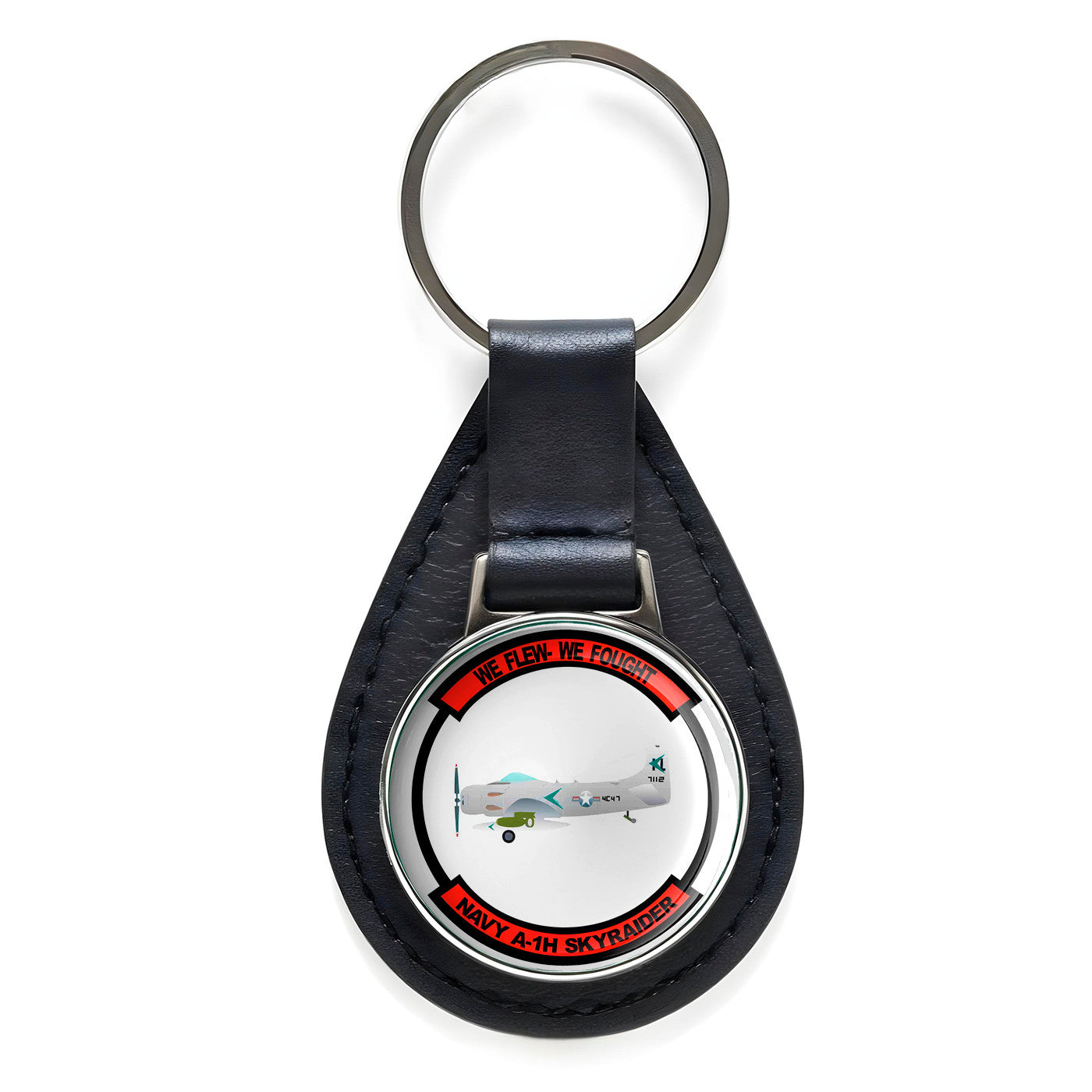 Navy A-1H Skyraider Black Leather Keychain Silver Keyring Military Gift