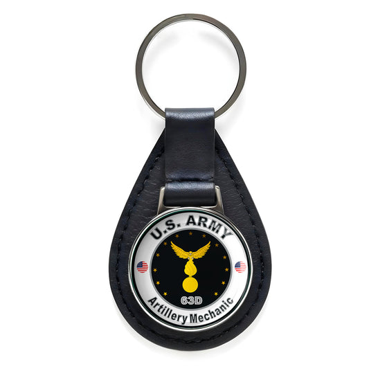United States Army Artillery Mechanic Black Leather Keychain Silver Keyring