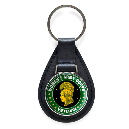Women's Army Corps Veteran Black Leather Keychain Silver Keyring Military Gift