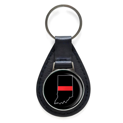 First Responder Thin Red Line Indiana Firefighter Black Leather Keychain Silver