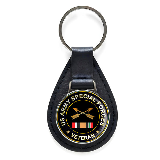 US Army Special Forces Veteran Black Leather Keychain Silver Keyring