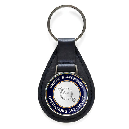 U.S. Navy Operations Specialist Black Leather Keychain Silver Keyring Military