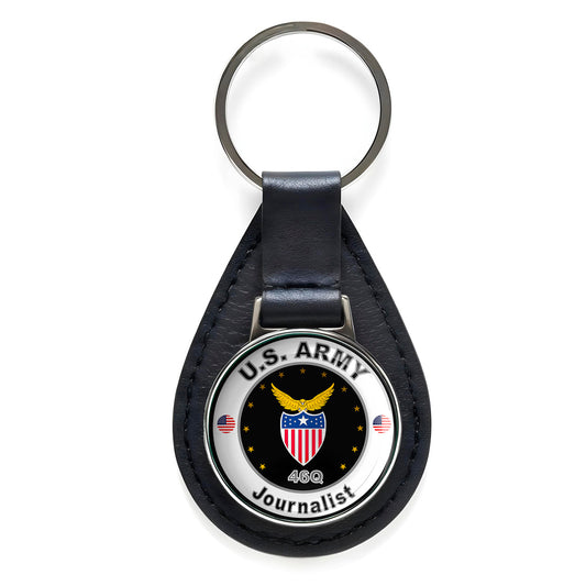 United States Army Journalist Black Leather Keychain Silver Keyring Military