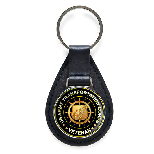 US Army Transportation Corps Veteran Black Leather Keychain Silver Keyring