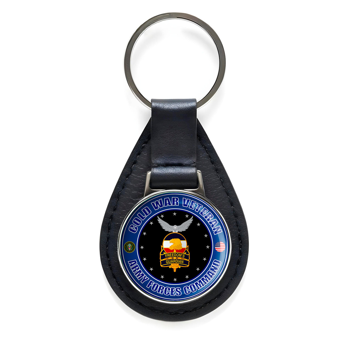 Cold War Veteran Army Forces Command Black Leather Keychain Silver Keyring