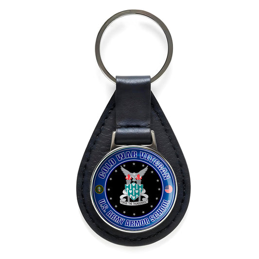 Cold War Veteran United States Army Armor School Black Leather Keychain Silver