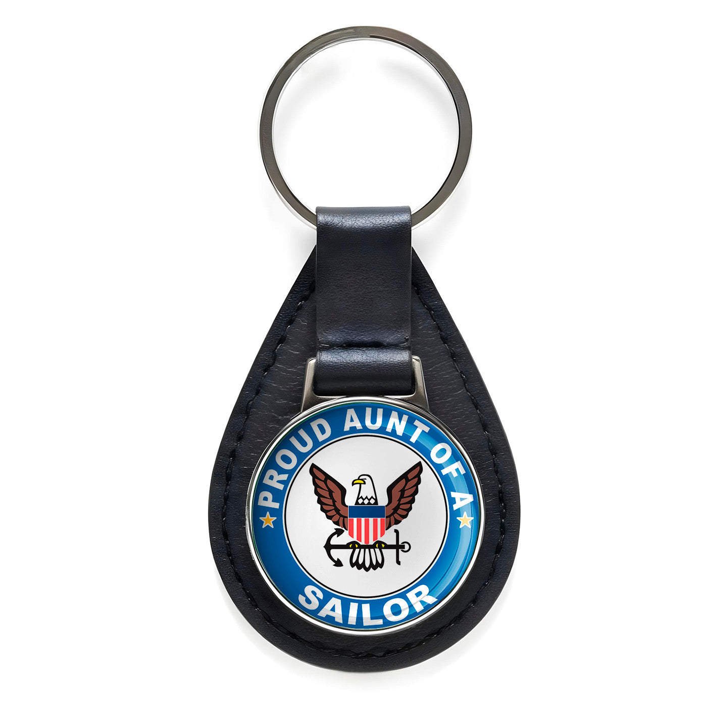 Proud Aunt of a Sailor U.S. Navy Round Black Leather Keychain Silver Keyring