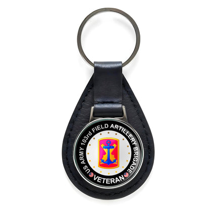 US Army 103rd Field Artillery Brigade Veteran Leather Keychain Silver Keyring
