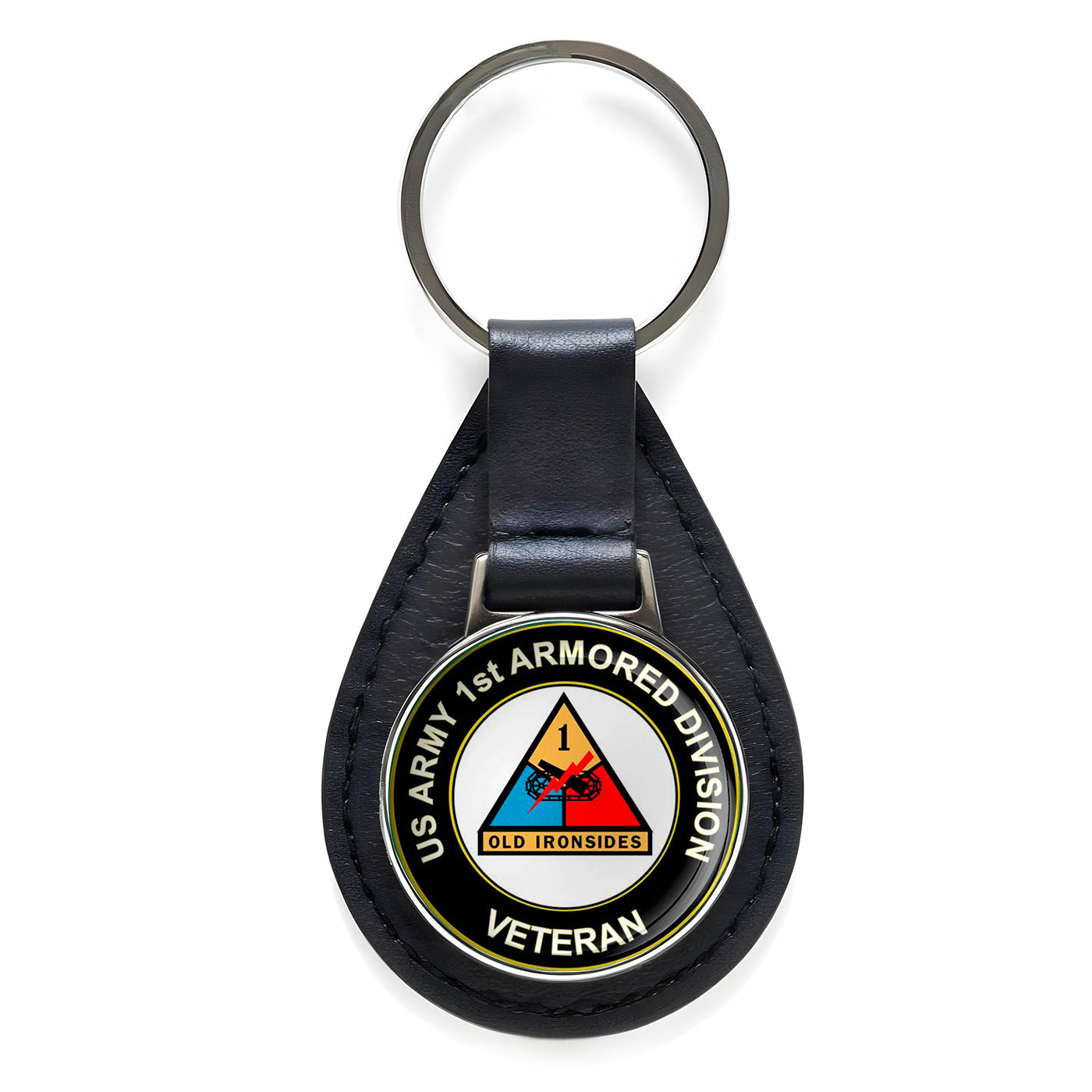 U.S. Army 1st Armored Division Black Leather Keychain Silver Keyring