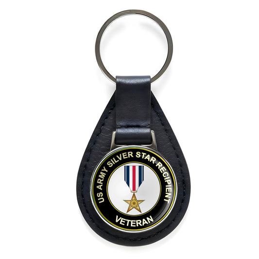 U.S. Army Silver Star Recipient Veteran Black Leather Keychain Silver Keyring