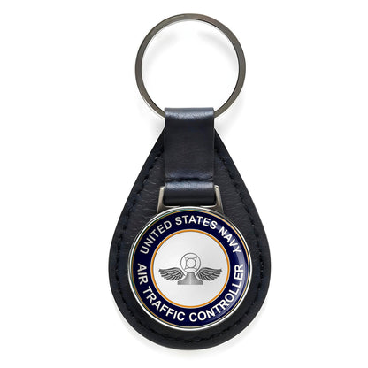 US Navy Air Traffic Controller AC Black Leather Keychain Silver Keyring Military