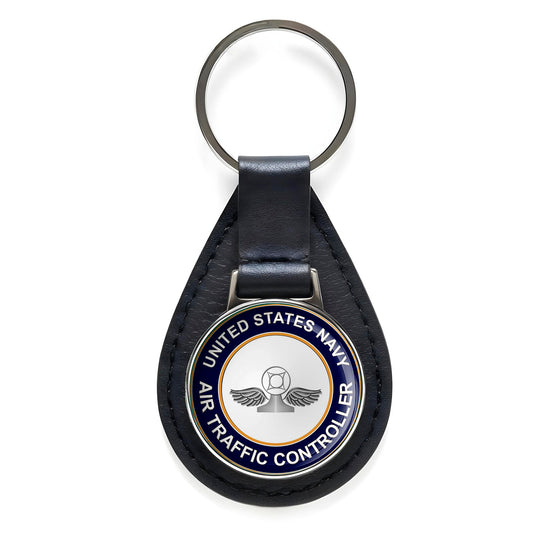 US Navy Air Traffic Controller AC Black Leather Keychain Silver Keyring Military