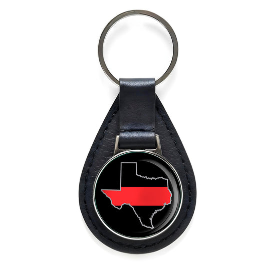 First Responder Thin Red Line Texas Firefighter Black Leather Keychain Silver