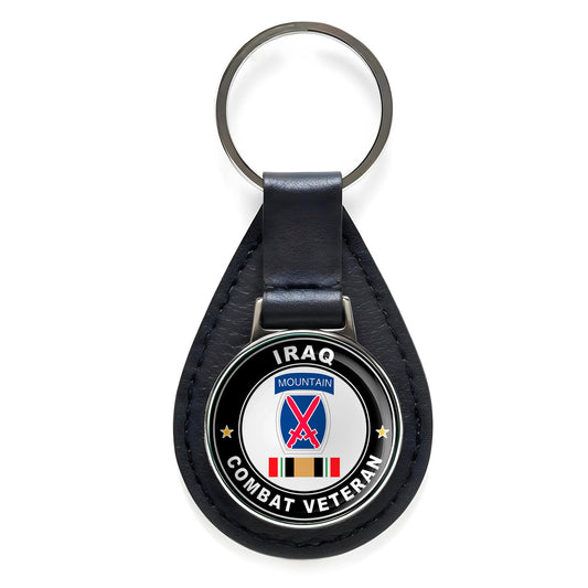 10th Mountain Division Iraq Combat Veteran Black Leather Keychain Silver Keyring