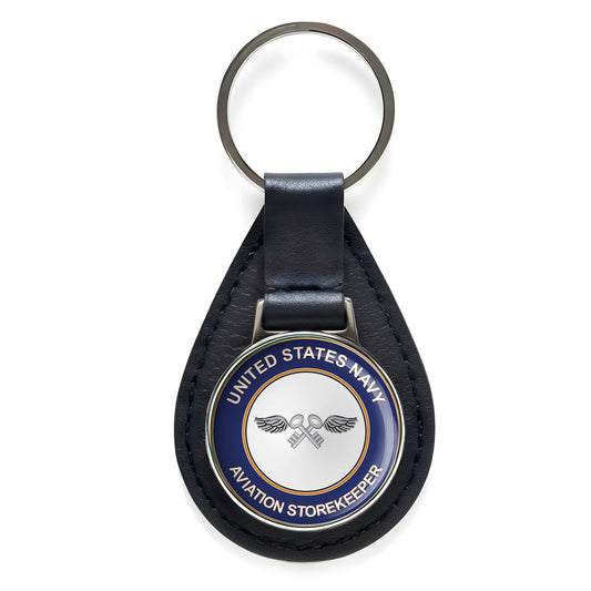 U.S. Navy Aviation Storekeeper Black Leather Keychain Silver Keyring Military