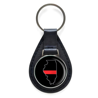 First Responder Thin Red Line Illinois Firefighter Black Leather Keychain Silver