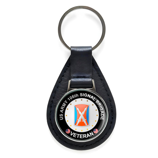US Army 106th Signal Brigade Veteran Black Leather Keychain Silver Keyring
