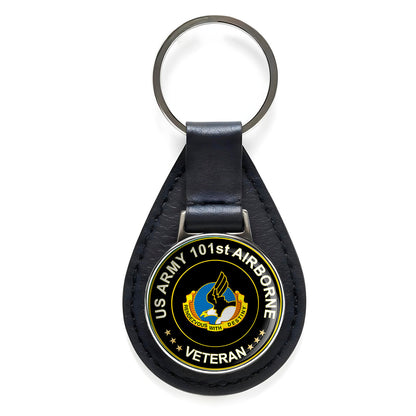 US Army 101st Airborne Veteran Black Leather Keychain Silver Keyring